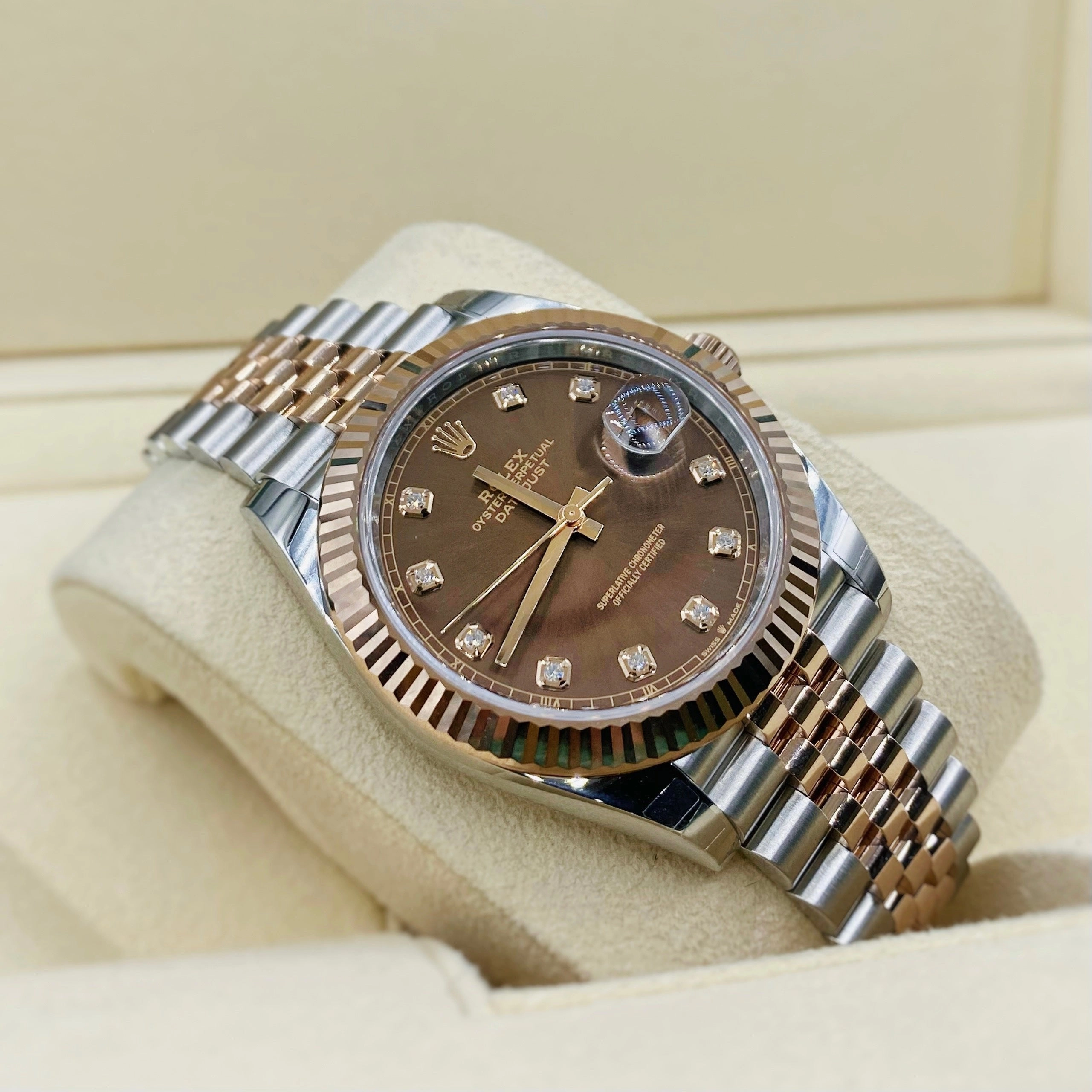 2024 Never Worn Rolex Datejust 41mm - Ref: 126331-0004 - Chocolate Diamond Dial, Two Tone Stainless Steel & 18K Rose Gold Jubilee Bracelet Men's Watch