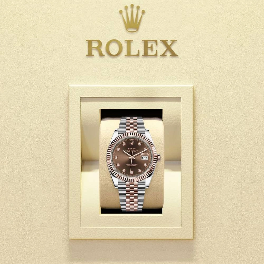 2024 Never Worn Rolex Datejust 41mm - Ref: 126331-0004 - Chocolate Diamond Dial, Two Tone Stainless Steel & 18K Rose Gold Jubilee Bracelet Men's Watch