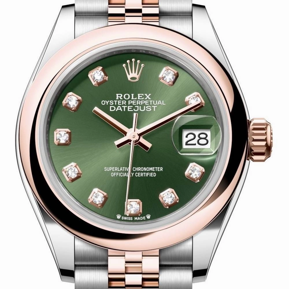 2024 Never Worn Rolex Lady-Datejust 28mm - Ref: 279161-0007 - Green Diamond Dial, Two Tone Stainless Steel & 18K Rose Gold Jubilee Bracelet Women's Watch
