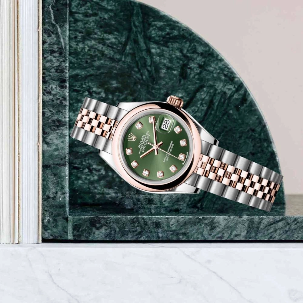 2024 Never Worn Rolex Lady-Datejust 28mm - Ref: 279161-0007 - Green Diamond Dial, Two Tone Stainless Steel & 18K Rose Gold Jubilee Bracelet Women's Watch