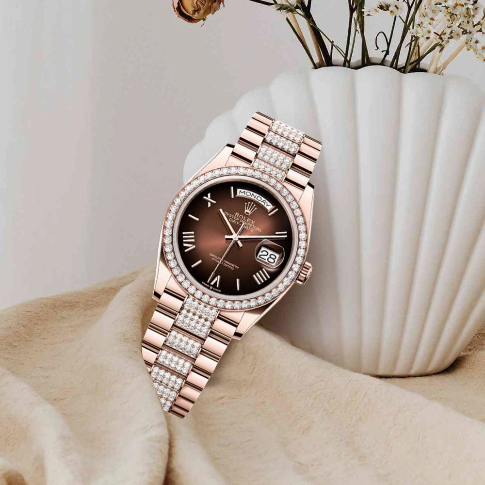 2024 Release Rolex Day-Date 36 mm | 18k Everose gold Diamond President bracelet | Brown ombr dial Diamond bezel | Men's Watch 128345RBR