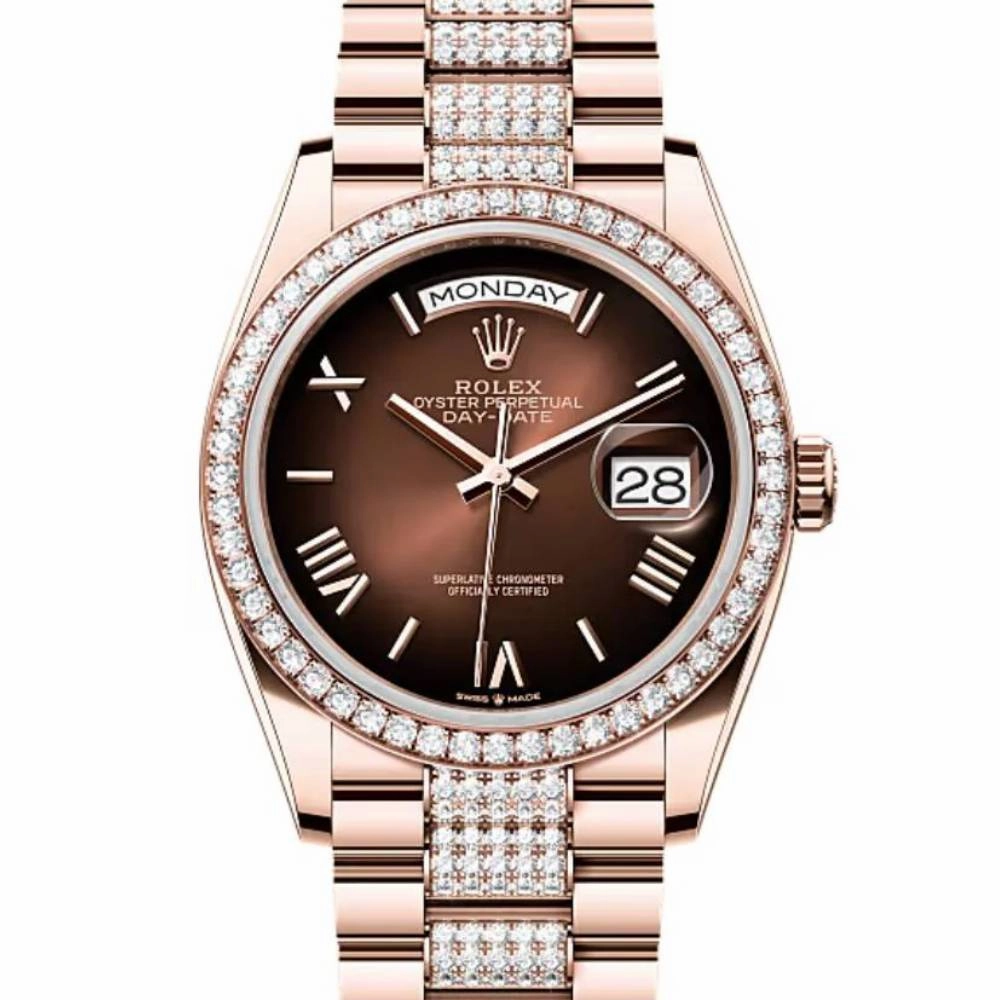 2024 Release Rolex Day-Date 36 mm | 18k Everose gold Diamond President bracelet | Brown ombr dial Diamond bezel | Men's Watch 128345RBR