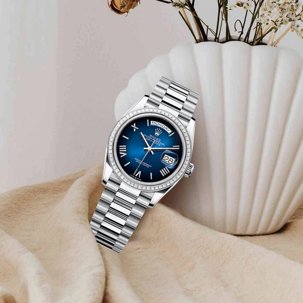 2024 Release Rolex Day-Date 36 mm | Platinum President bracelet | Blue ombre dial Diamond bezel | Men's Watch 128396TBR
