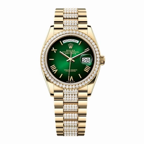 2024 Release Rolex Day-Date 36mm - Ref: 128348rbr-0069 - Green Ombre Dial & Diamond Bezel, 18K Yellow Gold diamond Presidential Bracelet Watch