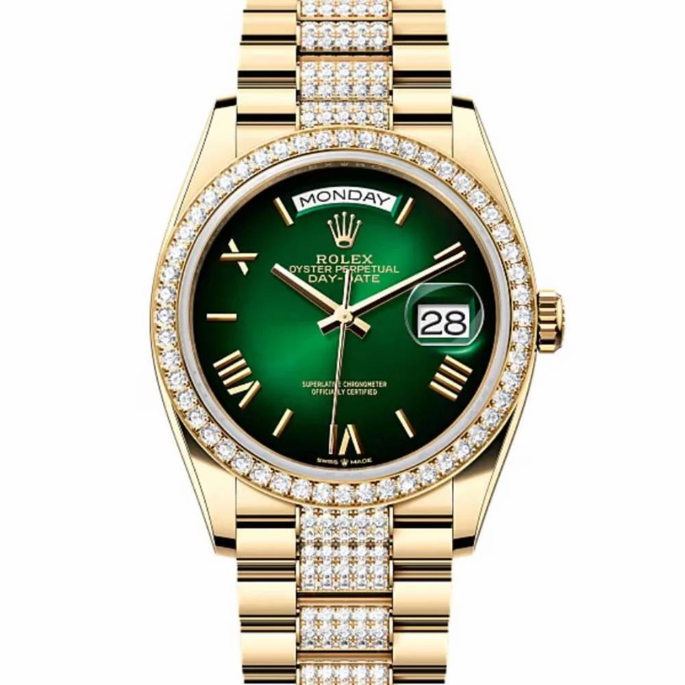 2024 Release Rolex Day-Date 36mm - Ref: 128348rbr-0069 - Green Ombre Dial & Diamond Bezel, 18K Yellow Gold diamond Presidential Bracelet Watch