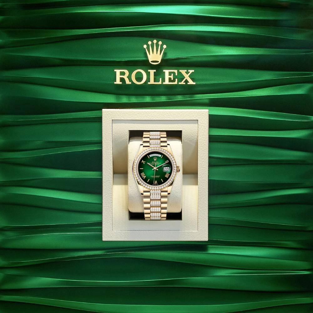 2024 Release Rolex Day-Date 36mm - Ref: 128348rbr-0069 - Green Ombre Dial & Diamond Bezel, 18K Yellow Gold diamond Presidential Bracelet Watch