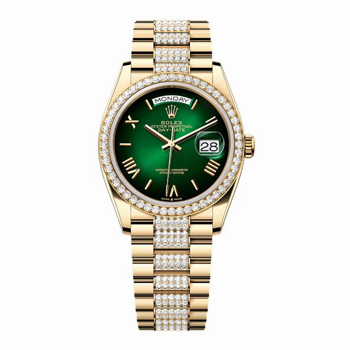 2024 Release Rolex Day-Date 36mm - Ref: 128348rbr-0069 - Green Ombre Dial & Diamond Bezel, 18K Yellow Gold diamond Presidential Bracelet Watch