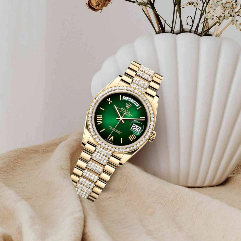 2024 Release Rolex Day-Date 36mm - Ref: 128348rbr-0069 - Green Ombre Dial & Diamond Bezel, 18K Yellow Gold diamond Presidential Bracelet Watch