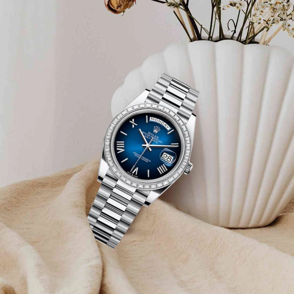 2024 Release Rolex Day-Date 40 mm | Platinum President bracelet | Blue ombr dial Diamond bezel | Men's Watch 228396TBR