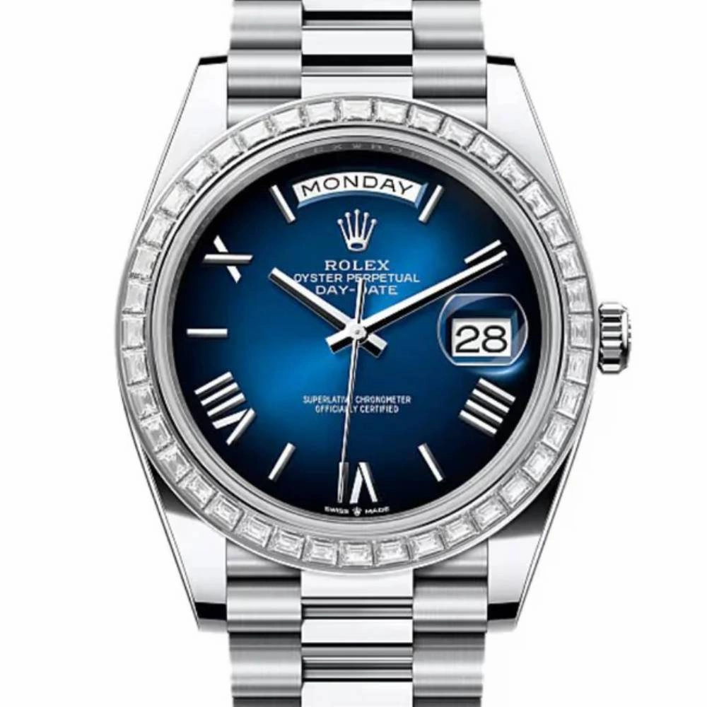 2024 Release Rolex Day-Date 40 mm | Platinum President bracelet | Blue ombr dial Diamond bezel | Men's Watch 228396TBR