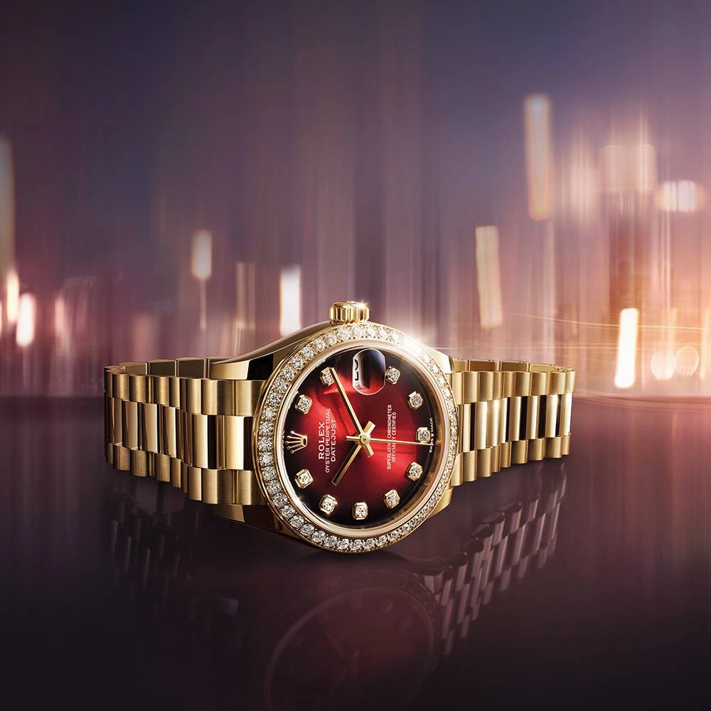 2025 Model Rolex Datejust 31mm - Ref: 278288rbr-0041 - Red Ombre Dial, 18k Yellow Gold President Bracelet Watch