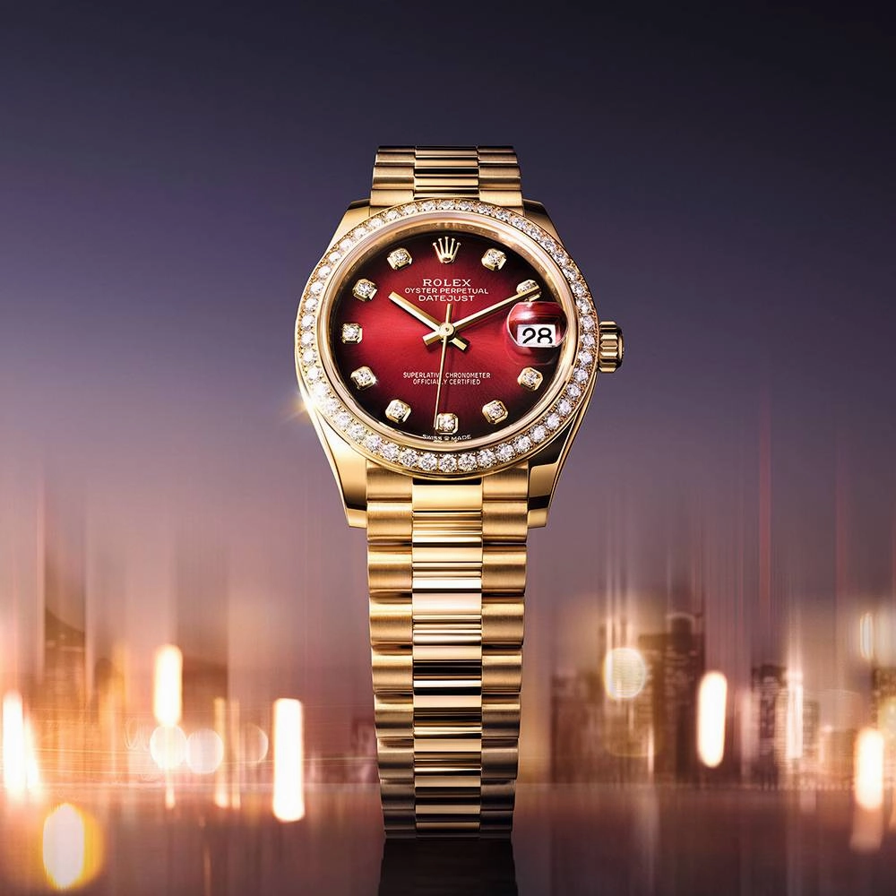 2025 Model Rolex Datejust 31mm - Ref: 278288rbr-0041 - Red Ombre Dial, 18k Yellow Gold President Bracelet Watch