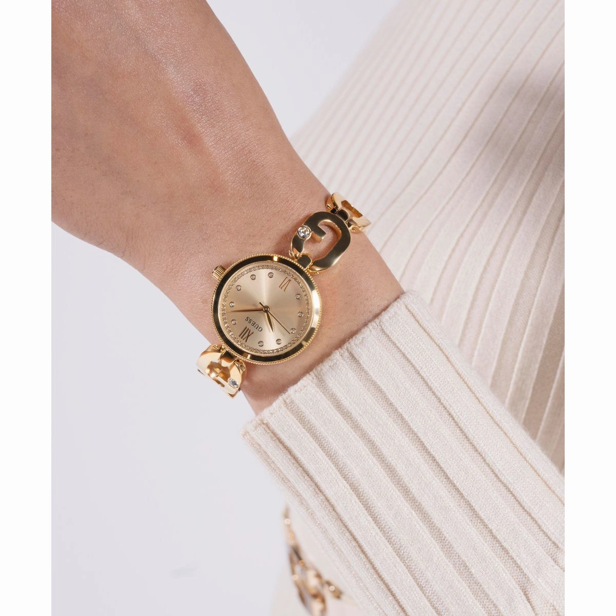 Bejeweled Women Quartz Champagne Dial Analog Recycled Steel Watch GW0759L2