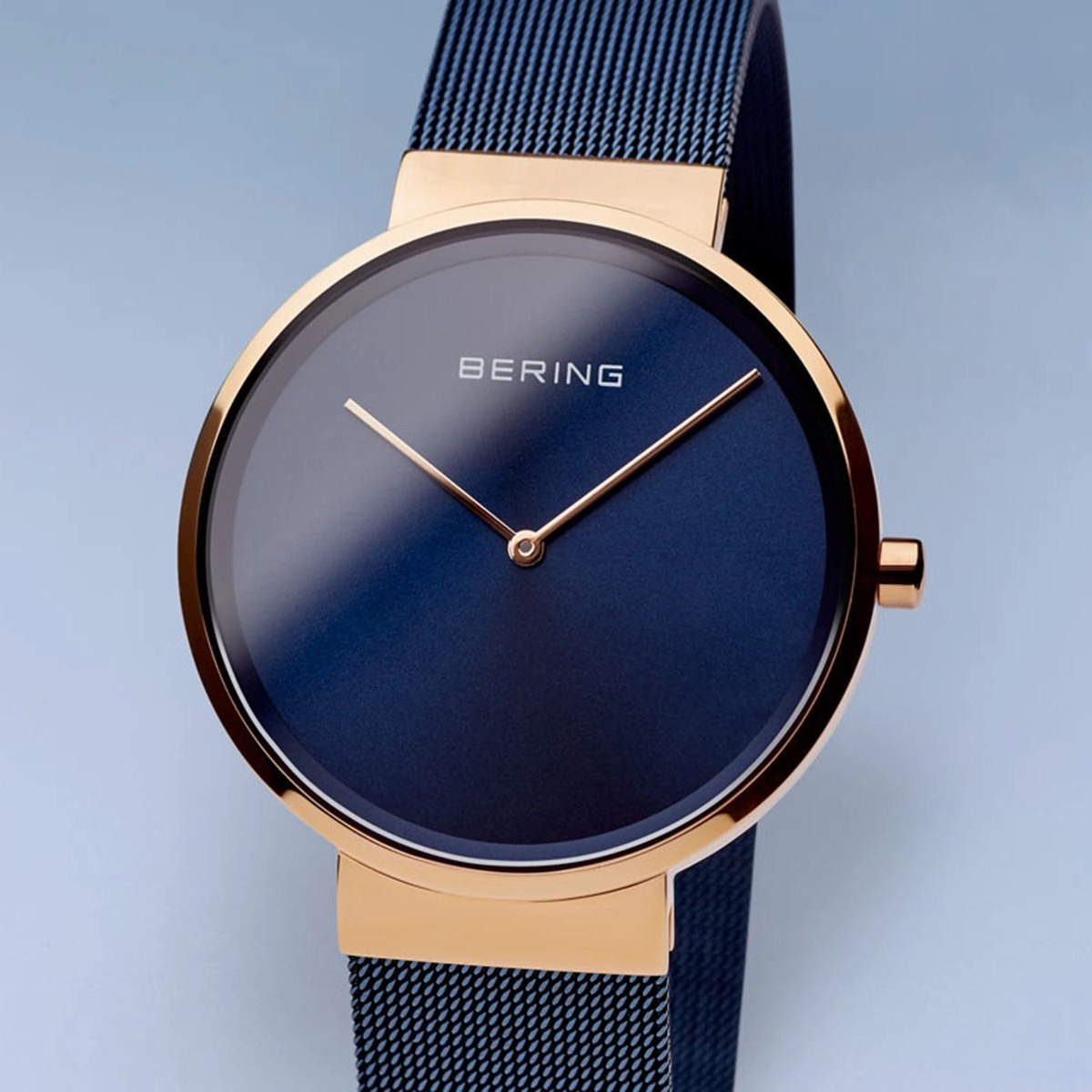 Bering Classic Polished Rose Gold 39mm Blue Mesh Watch