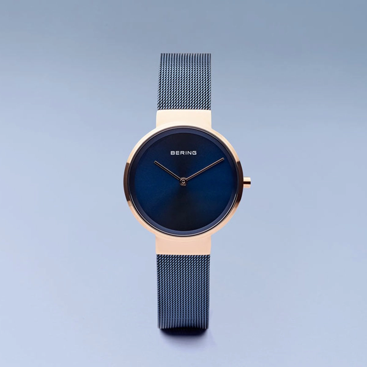 Bering Classic Polished Rose Gold Blue Mesh Watch