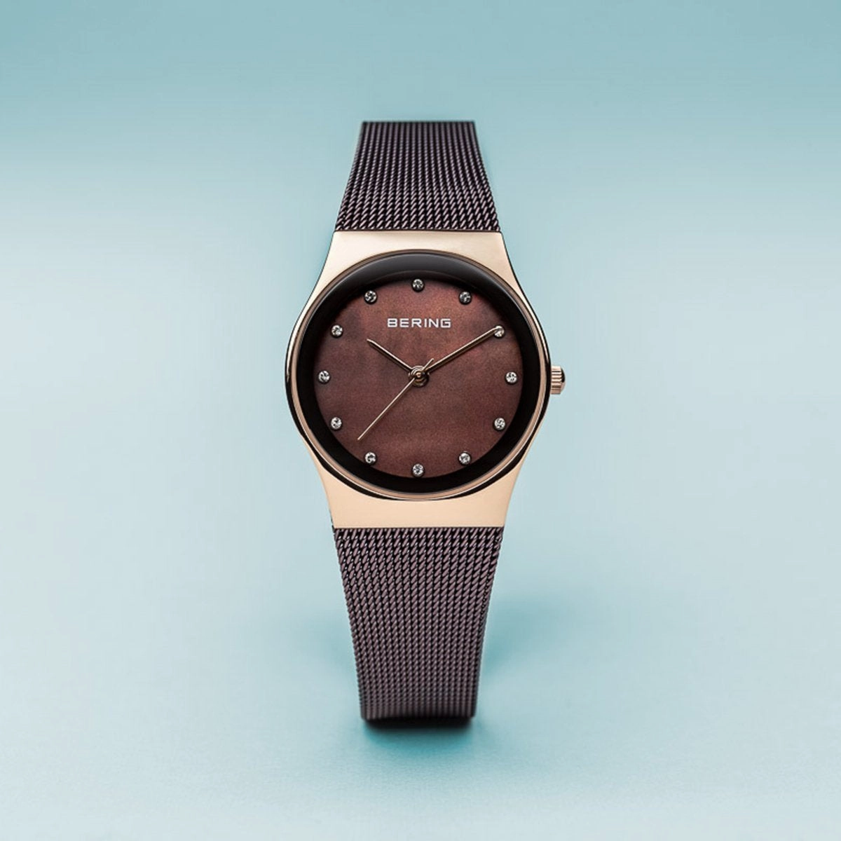 Bering Classic Polished Rose Gold Brown Milanese Mesh Watch