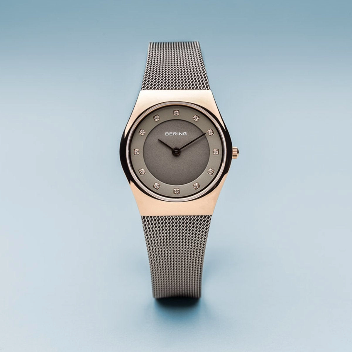 Bering Classic Polished Rose Gold Grey Mesh Watch