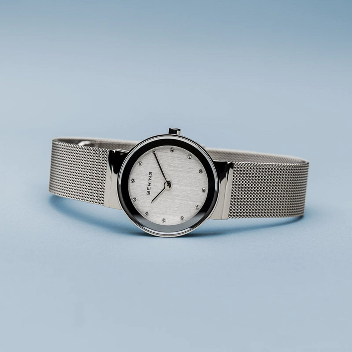 Bering Classic Polished Silver Mesh Swarovski Watch
