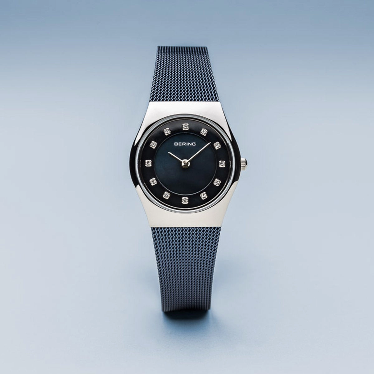 Bering Classic Polished Silver Navy Blue Mesh Watch