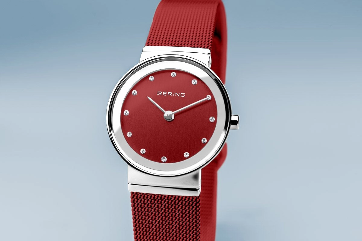 Bering Classic Polished Silver Red Mesh Watch