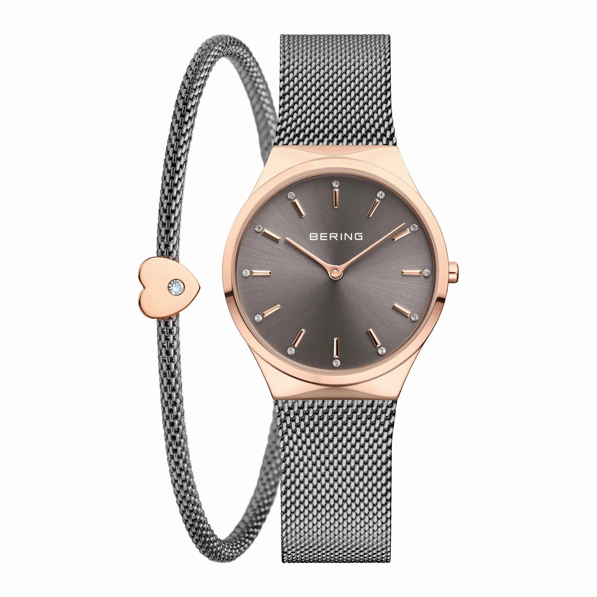 Bering Gift Set 35mm Rose Gold Grey Milanese Strap with Matching Bracelet Watch