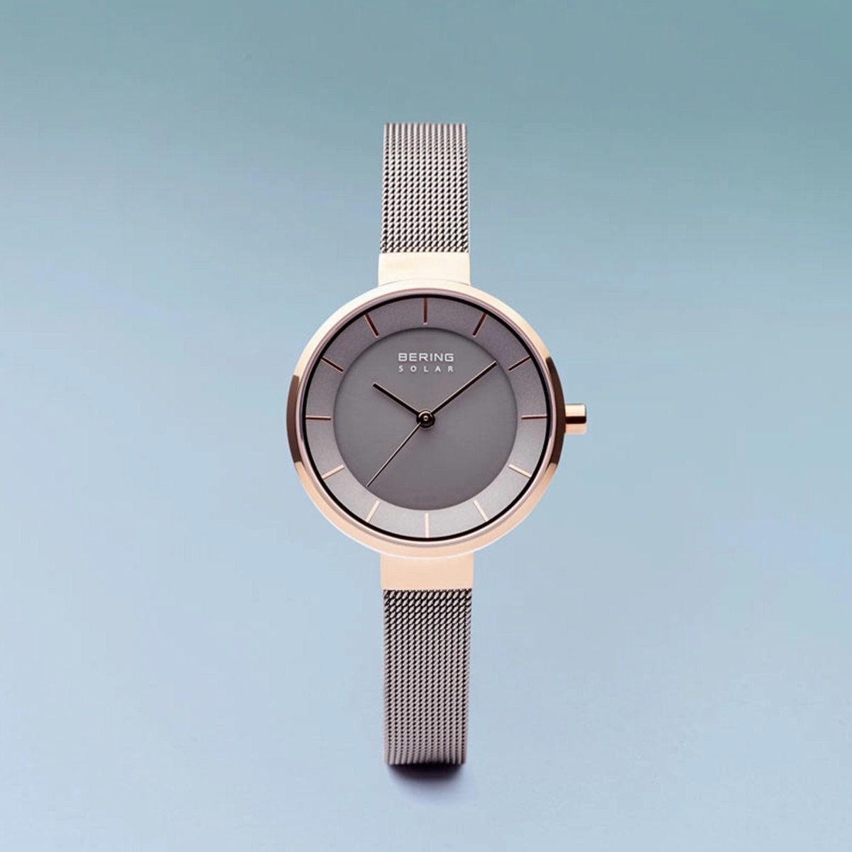 Bering Slim Solar Polished Rose Gold Grey Mesh Watch