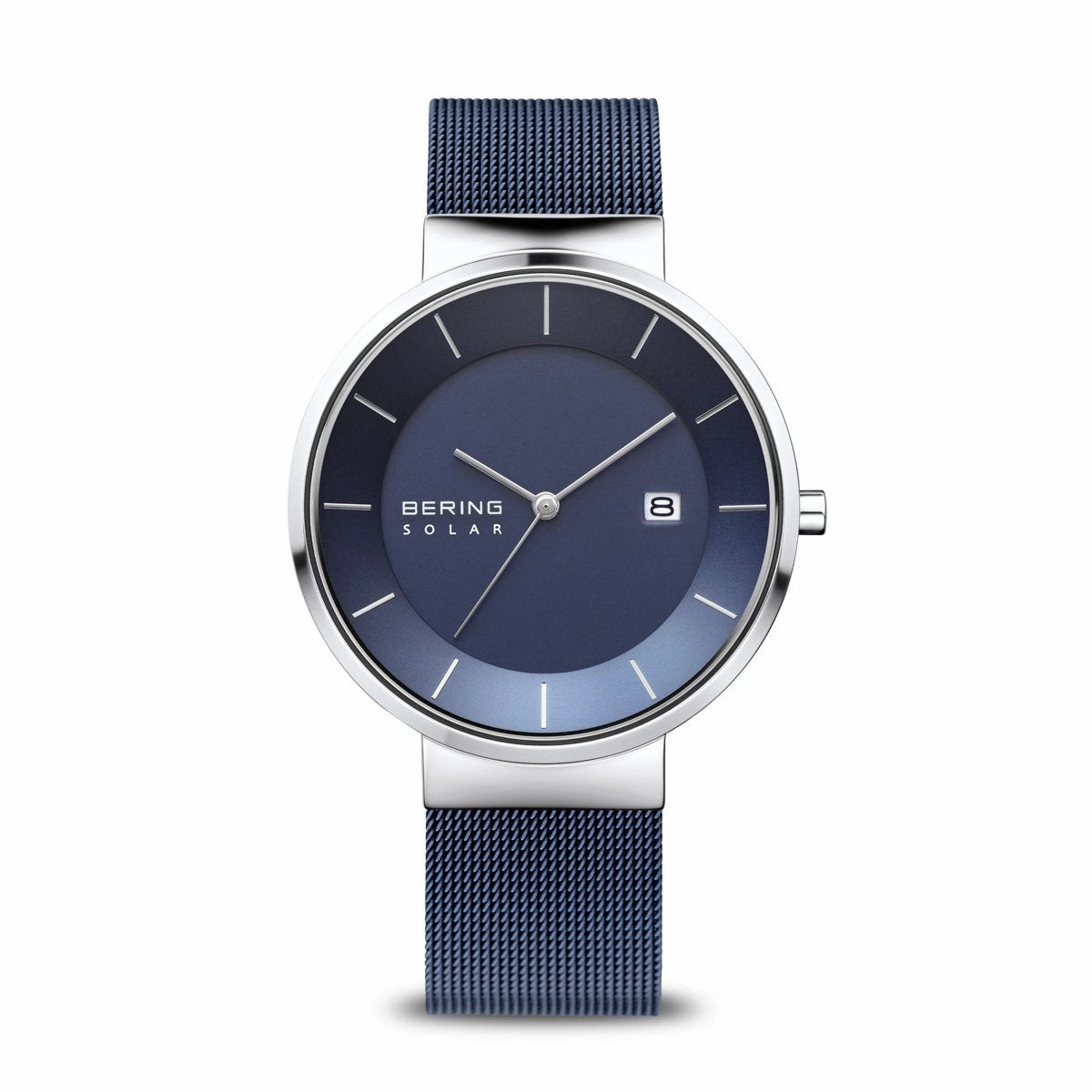 Bering Slim Solar Polished Silver Blue Mesh Watch
