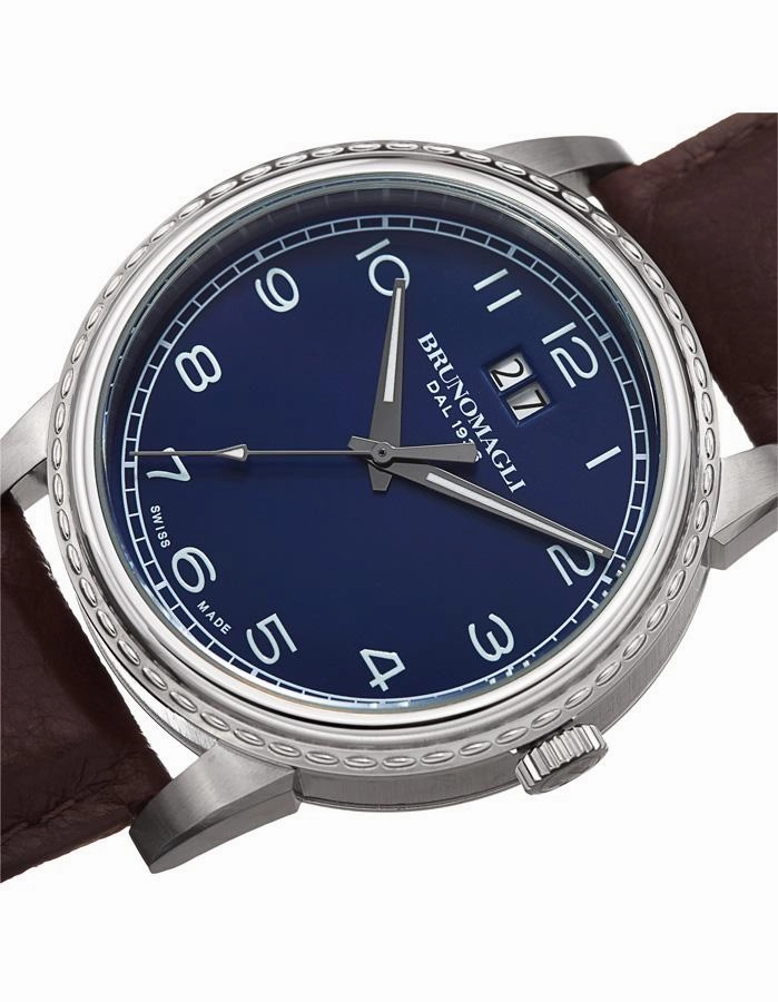 Bruno Magli Mens Dante Embossed Case - Blue Dial - Leather Strap - Date Window
