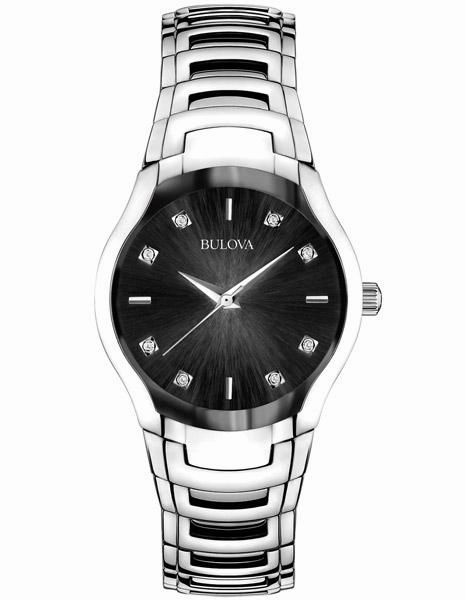 Bulova Diamond Ladies Dress Watch - Black Sun-Ray Dial - Steel Case & Bracelet