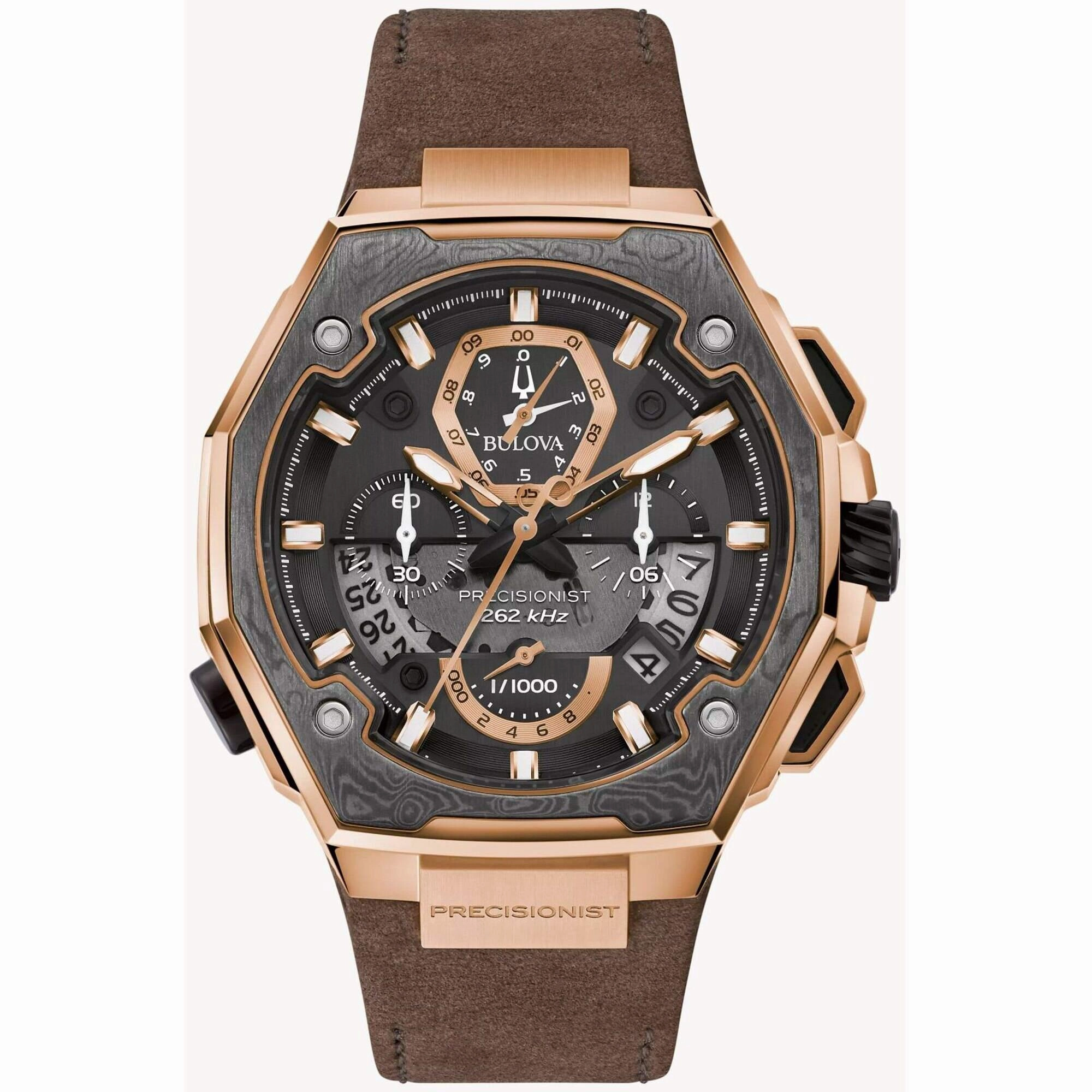 Bulova Men's Watch - Precisionist X Chronograph Grey and Rose Gold Dial Strap | 98B356