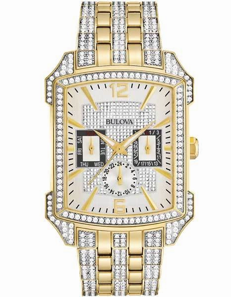 Bulova Mens Crystal Date Watch - Gold-Tone - Day - Date - 24 Hour Subdial