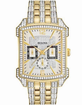Bulova Mens Crystal Date Watch - Gold-Tone - Day - Date - 24 Hour Subdial