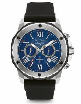 Bulova Mens Marine Star Chronograph - Blue Dial - Black Strap - Date - 100m