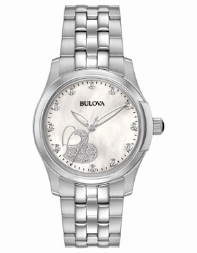Bulova Womens Diamond Heart Watch - White MOP Dial - Stainless Steel Bracelet