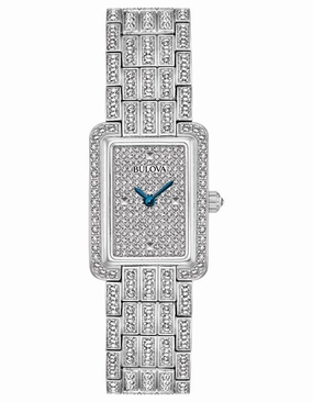 Bulova Womens Swarovski Crystal Watch - Rectangular - Pave Dial - Blue Hands