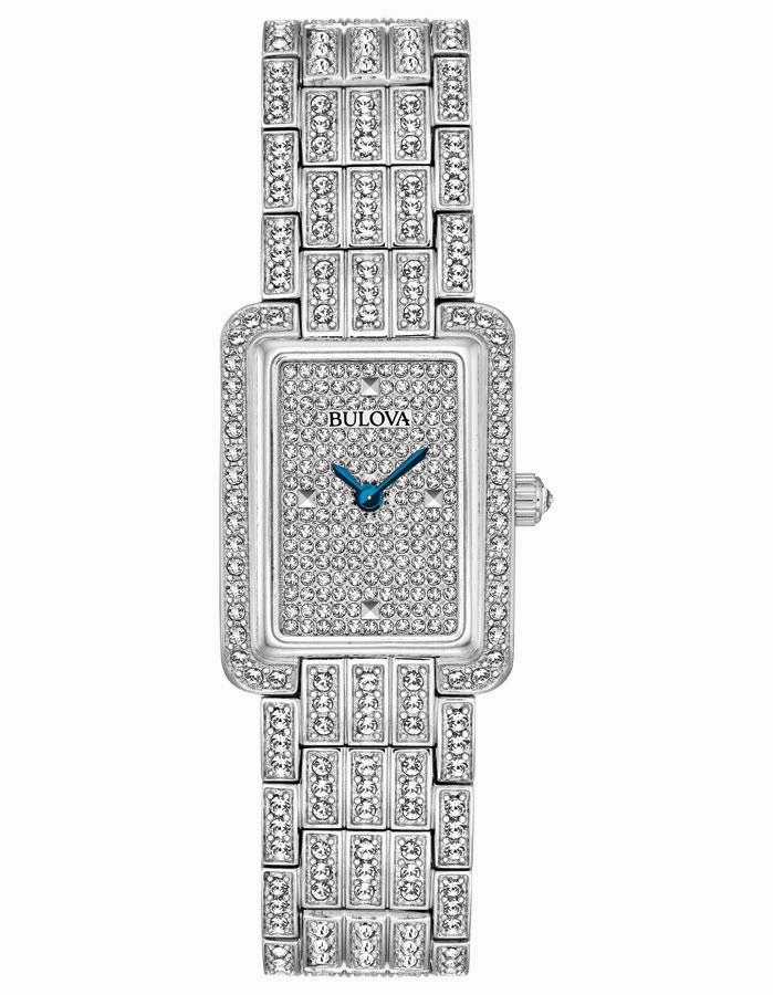 Bulova Womens Swarovski Crystal Watch - Rectangular - Pave Dial - Blue Hands