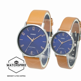 Casio Couple Brown Leather Strap Watch LTPVT01L-2B2 MTPVT01L-2B2 [Couple Watch Set]