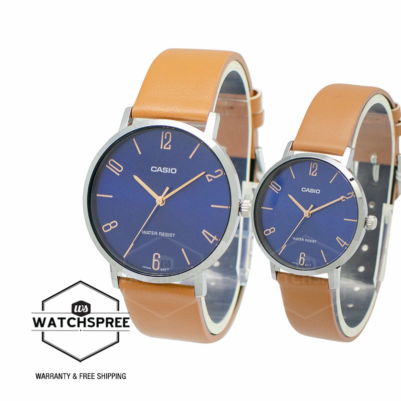 Casio Couple Brown Leather Strap Watch LTPVT01L-2B2 MTPVT01L-2B2 [Couple Watch Set]