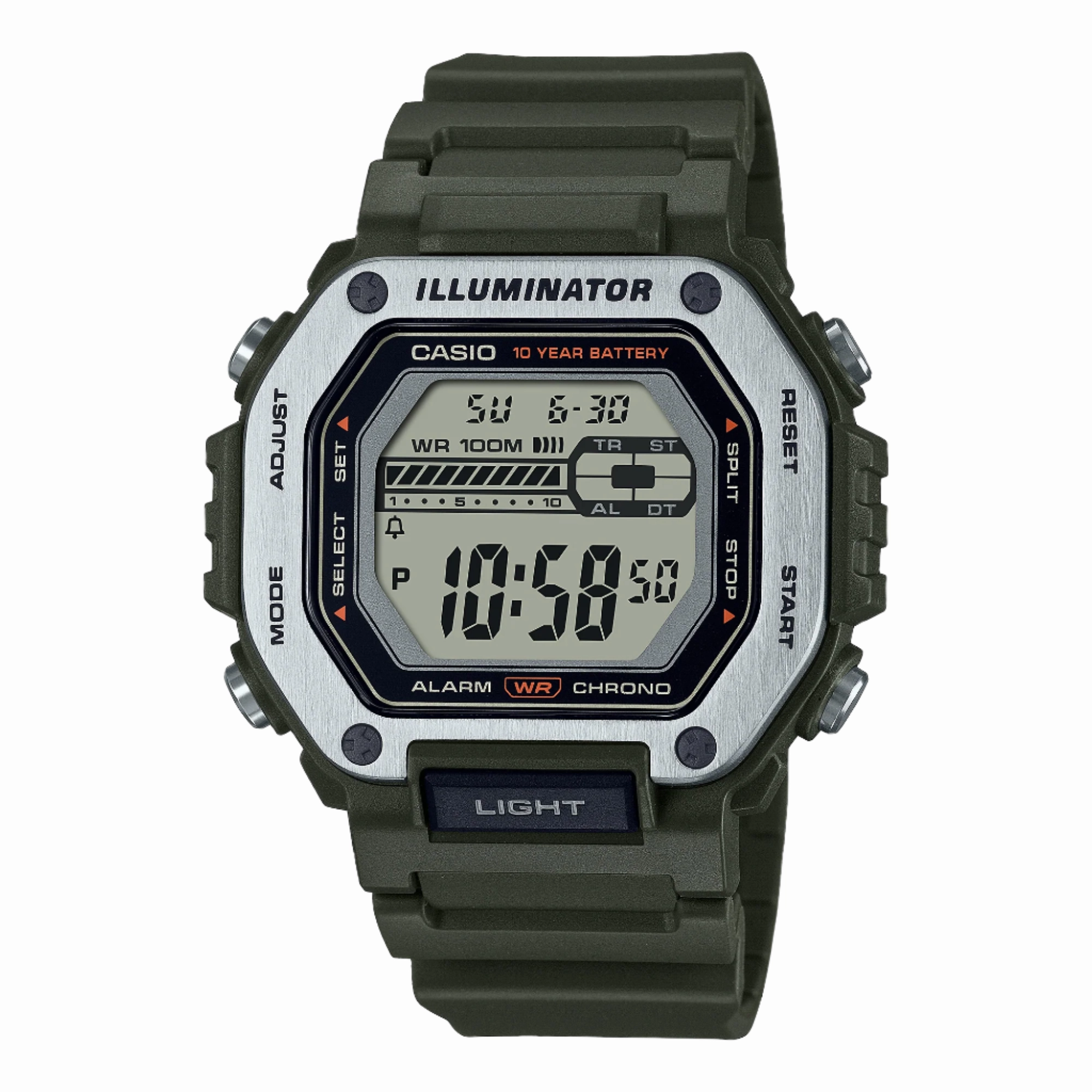 Casio Digital Grey Dial Green Resin Band Watch MWD110H-3A