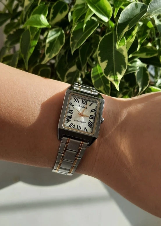 CASIO LADIES ANALOGUE SQUARE CASE GOLD DIAL TWO-TONE LTPV007SG-9B
