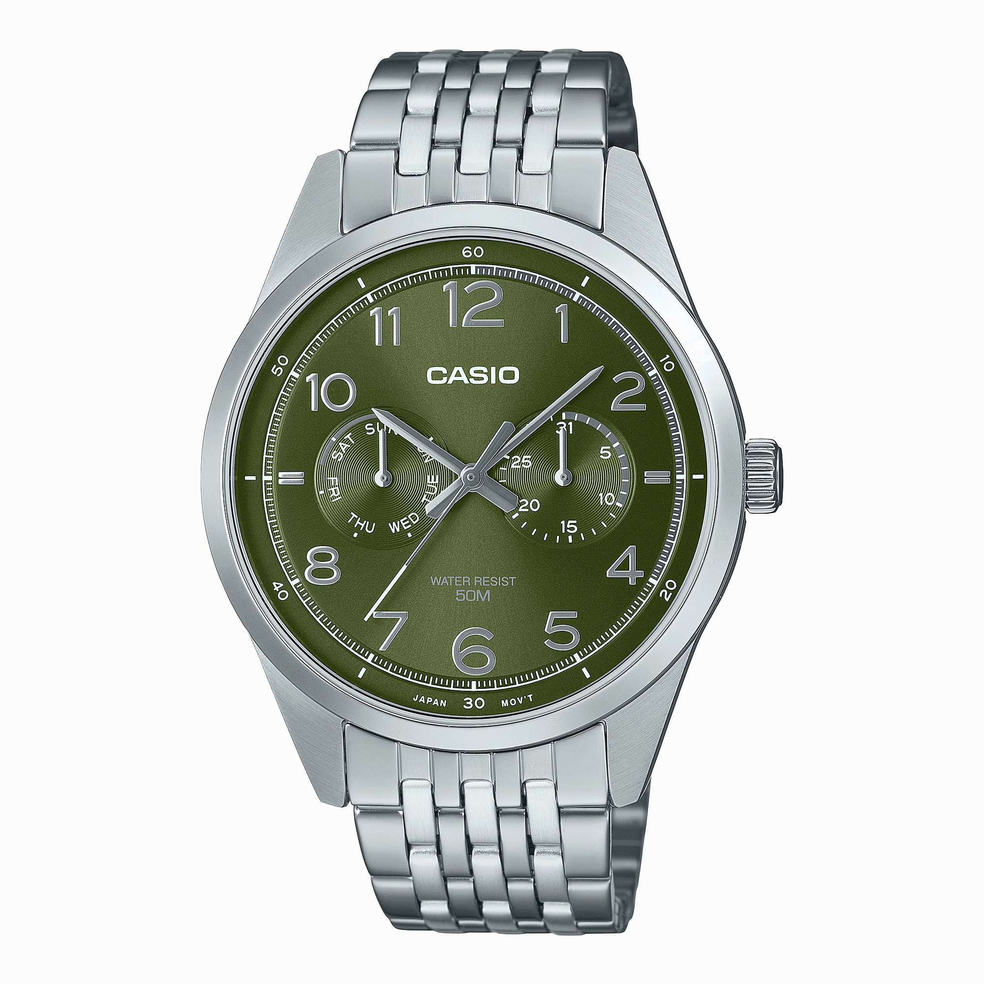 Casio Standard Analogue Green Dial Stainless Steel Watch MTPE340D-3A