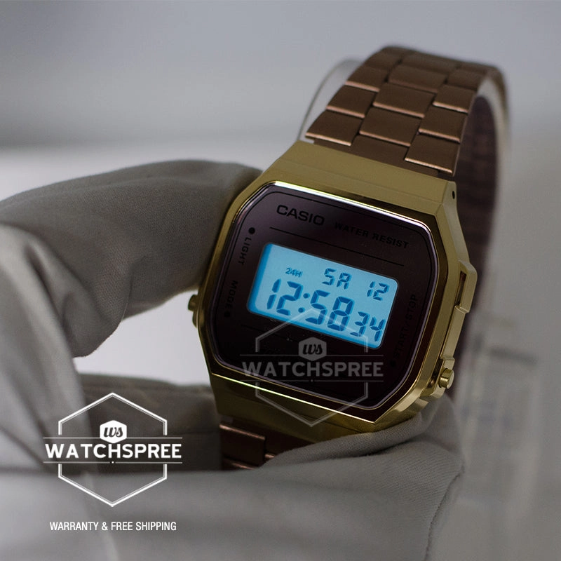 Casio Vintage Style Digital Rose Gold Ion Plated Band Watch A168WECM-5D A168WECM-5