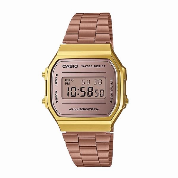 Casio Vintage Style Digital Rose Gold Ion Plated Band Watch A168WECM-5D A168WECM-5