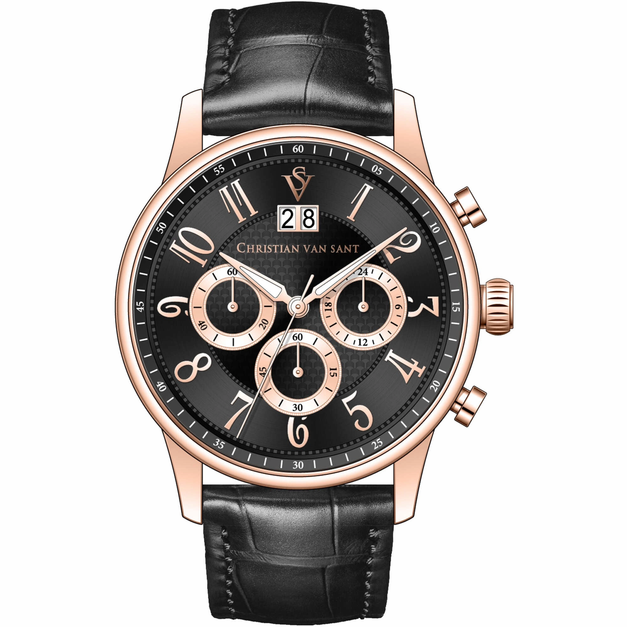Christian Van Sant Men's Watch - Heritage Chrono Black Dial Leather Strap | CV3944