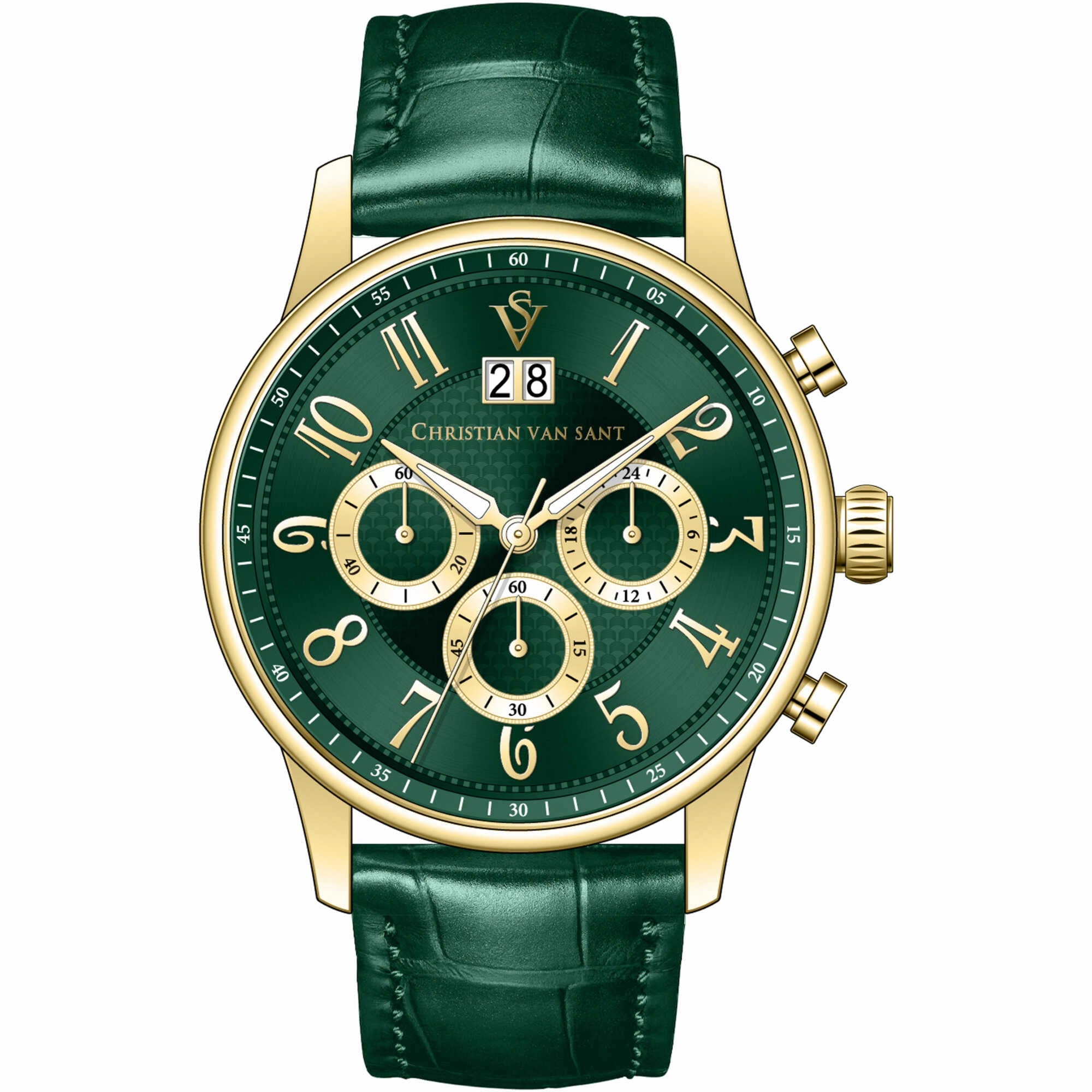Christian Van Sant Men's Watch - Heritage Chrono Green Dial Leather Strap | CV3943