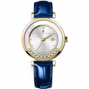Christian Van Sant Women's Watch - Bria Silver Tone Dial Blue Leather Strap | CV3813