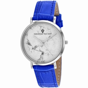 Christian Van Sant Women's Watch - Lotus White Dial Blue Leather Strap | CV0420