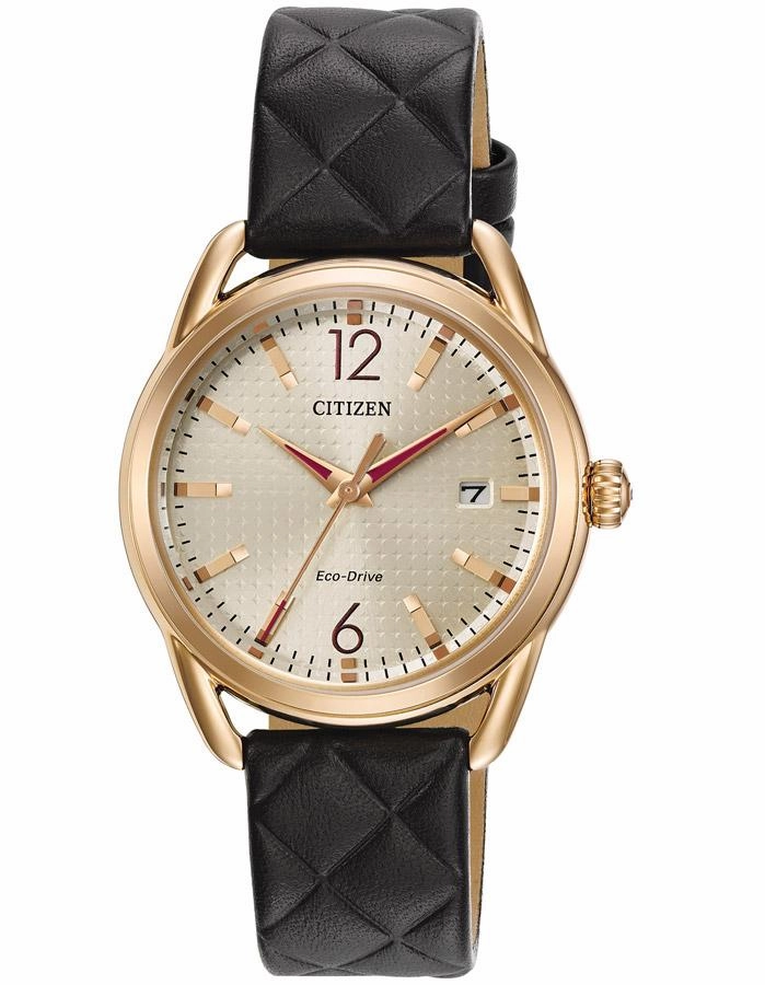 Citizen DRIVE LTR Womens Watch - Gold-Tone Case - Black Strap - Date
