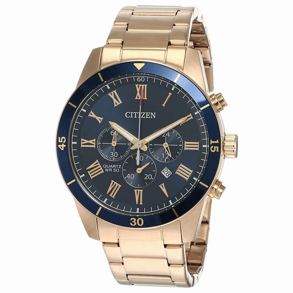 Citizen Men's Quartz Watch - Chronograph Blue Dial Rose Gold Bracelet | AN8169-58L