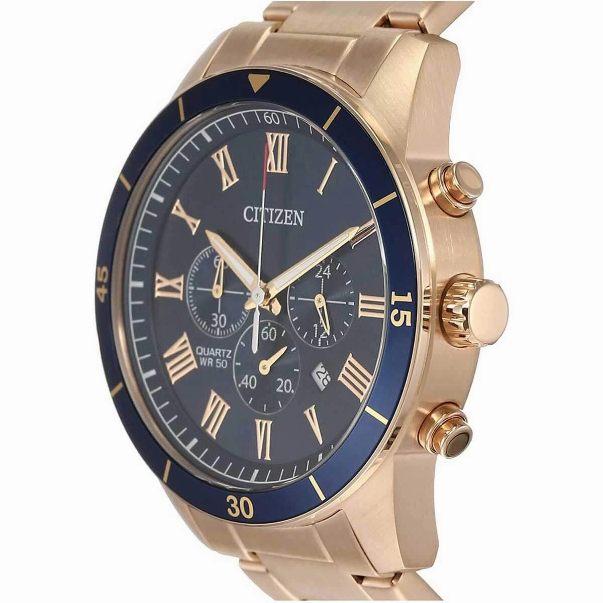Citizen Men's Quartz Watch - Chronograph Blue Dial Rose Gold Bracelet | AN8169-58L